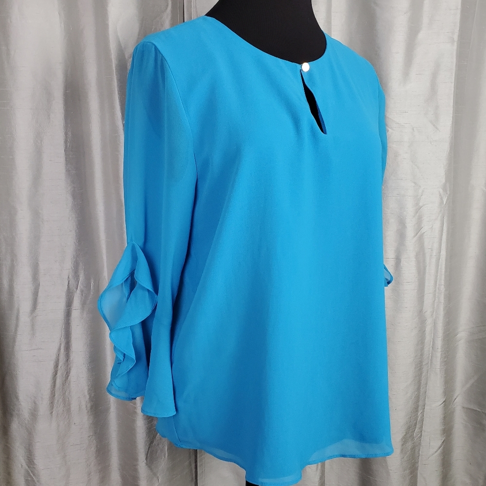NWT !Sale! Calvin Klein Turquoise Blouse Ruffle Sleeves Keyhole Neckline Sz S